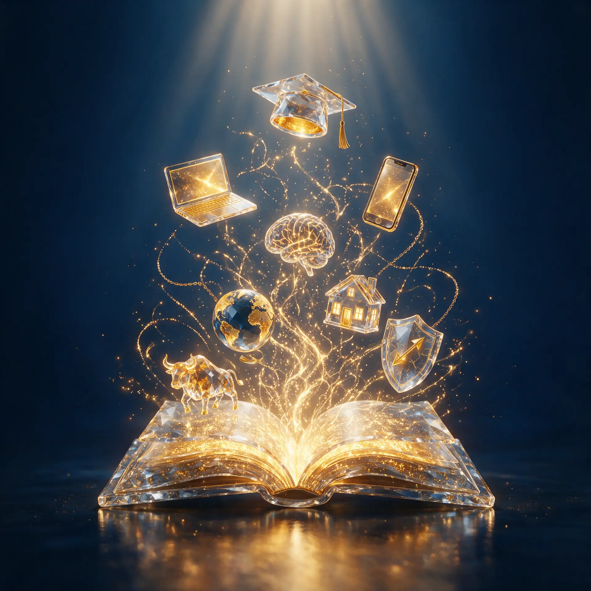 Crystal open book on navy, gold light streaming out into glass icons for investing, property, AI and mobile income